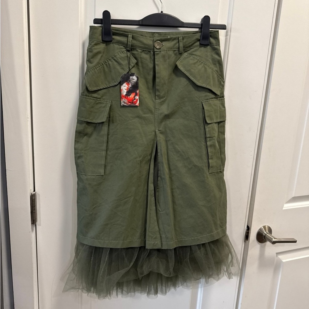 Green Cargo Skirt with Tulle Hem